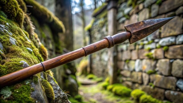 Ancient, worn, wooden shaft spear with a rusty, sharpened metal tip, leaning against a distressed stone wall with a blurred, mossy forest background.