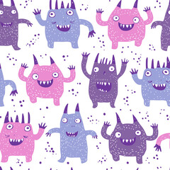 Cute doodle mosters. Cartoon illustration monster family. Abstract seamless pattern with cute monsters  in flat style