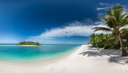 Fototapeta premium Panoramic view of deserted island with white sand beaches and palm trees.