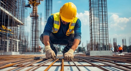 Engineer Working on Construction Site: High-Resolution Photography with Steel Rebar and High-Rise Building