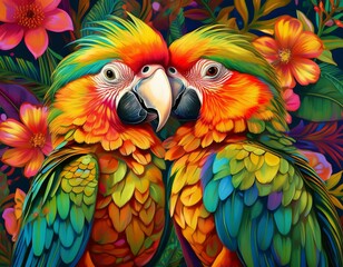 Obraz premium Parrots in kaleidoscopic outfits striking poses against a colorful floral backdrop.