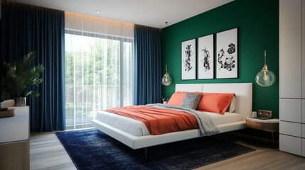 A bedroom with a green wall and a white bed with a red comforter