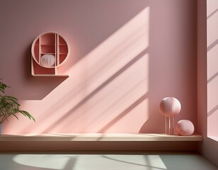 Pastel room with geometric window shadows and adjustable floating shelf.