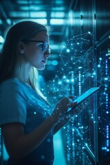 Successful Female Data Center IT Specialist Using Tablet Computer, Turning Augmented VFX Visualization on Server Farm Cloud Computing Facility, 2:3