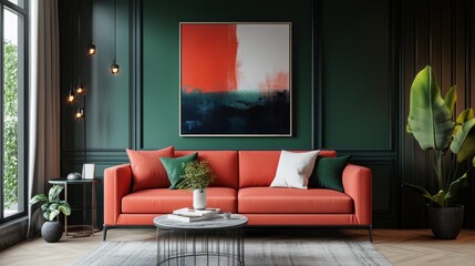 A living room with a red couch and a green plant