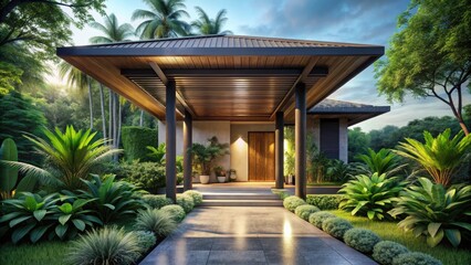 A picturesque modern entrance with a slanted roof and pillars, surrounded by lush greenery and tropical plants, leading to a serene outdoor space.