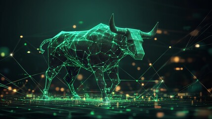 Obraz premium A digital representation of a bull, symbolizing the stock market's upward trend, growth, and prosperity. The green lines represent the interconnectedness of the market and the potential for growth.