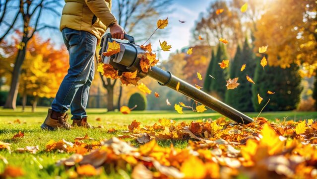 A powerful gas-powered lawn and yard blower efficiently sweeps away fallen leaves and debris from a lush green lawn on a sunny autumn day.