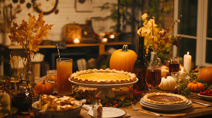 Naklejka premium A beautifully set table with autumn-themed decorations, featuring pumpkin pie and other festive dishes.