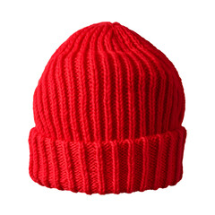 Red knitted beanie hat isolated on black background