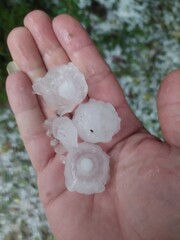 Detailed view of hailstones in the palm of a hand showing the impact of severe weather.