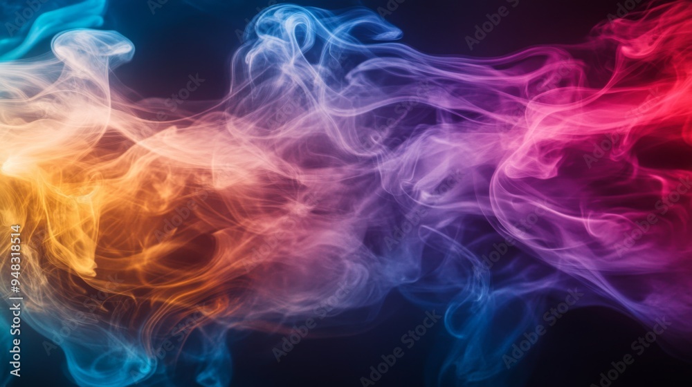 Poster A creative image of cigarette smoke with a spectrum of colors, captured in mid-air to highlight the abstract shapes and vivid, flowing hues.