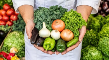 Fototapeta premium Fresh vegetables including onions, bell peppers, and kale are presented in hands, showcasing the colorful bounty available in a grocery store setting