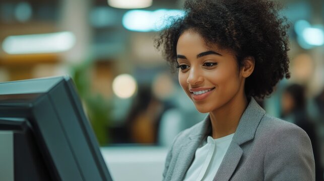 A friendly bank teller, dressed in a professional grey blazer, is assisting a customer with a transaction. Her welcoming smile creates a positive and reassuring atmosphere.  The image symbolizes custo