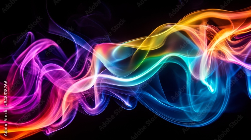 Poster a creative image of cigarette smoke with a spectrum of colors, captured in mid-air to highlight the 