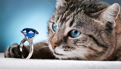 Playful image of cat gently pawing at blue sapphire ring.