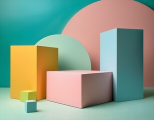 Playful pastel backdrop with rotating podium and colorful cube in geometric landscape.