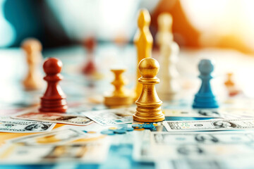 Illustration of a virtual economy board game with policy cards and currency pieces, concept of strategic economic decision-making