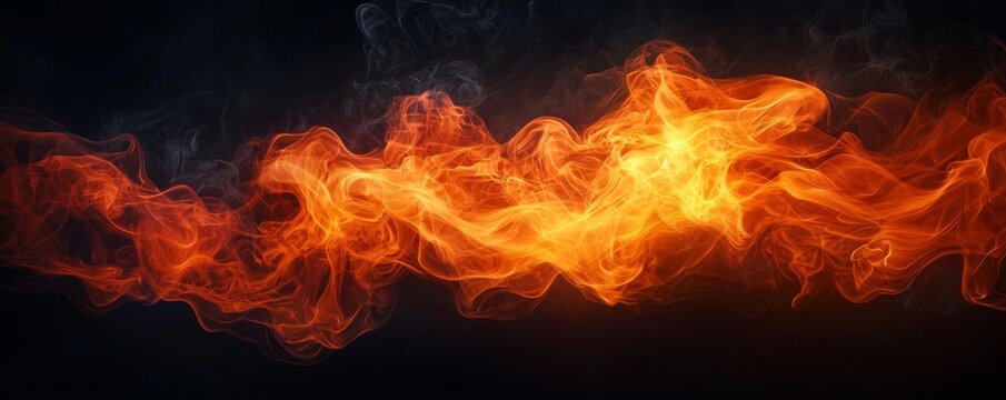 Tongues of fire casting a bright glow on a dark black canvas, with smoke gently swirling around