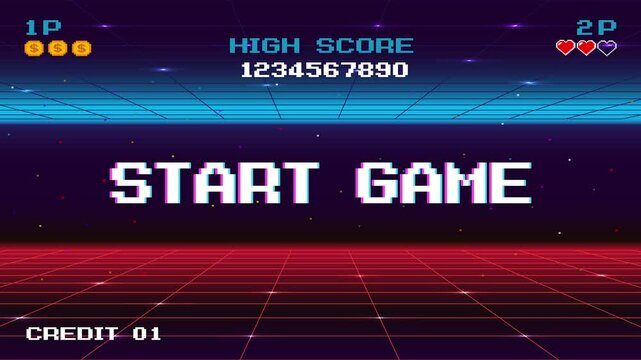 START GAME. Synthwave wireframe net illustration. pixel art .8 bit game. retro game. for game assets .Retro Futurism Sci-Fi Background. glowing neon grid. and stars.