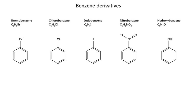 Benzene derivatives: bromobenzene, chlorobenzene, iodobenzene, nitrobenzene, hydroxybenzene. Isolated on white background.