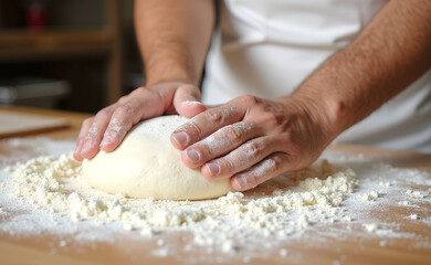 The baker's hands knead the dough in close-up
