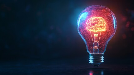 A glowing light bulb with a brain inside, symbolizing new ideas, innovation, intelligence, knowledge, and creativity.