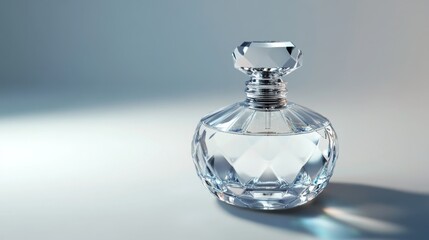 A detailed image of a perfume bottle with a crystal-clear liquid and a beautifully designed stopper, emphasizing the clarity and refinement of the fragrance.