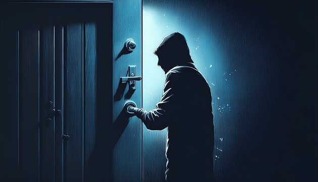 Shadowy figure picking lock of back door.