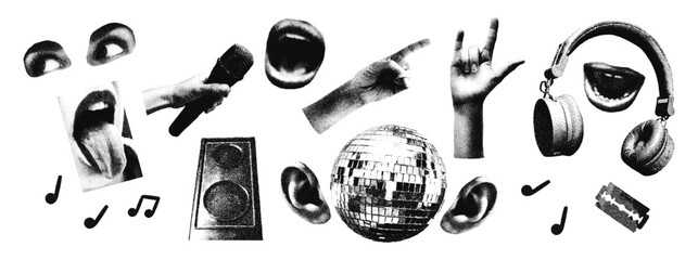 Halftone monochrome stipple elements set Mouths, eyes, hands, ears, disco ball, headphones, speaker, razor blade. Grunge punk dots texture for y2k collage design Retro photocopy vector illustration