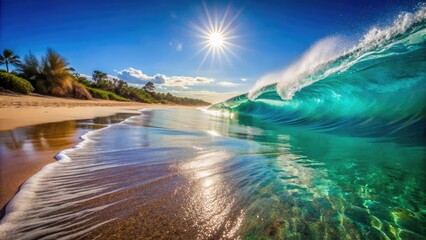 Obraz premium A serene ocean wave gently rolls onto the sandy beach, its transparent crest glistening in the sunlight, revealing the turquoise water beneath.