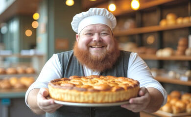 A cheerful baker holds a pie in his hands against the background of pie showcases