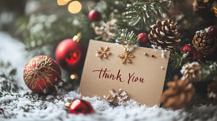 A heartfelt thank you note written on a rustic brown card, surrounded by festive Christmas decorations like pine branches, red berries, and shimmering ornaments. The note is nestled in a bed of snow, 