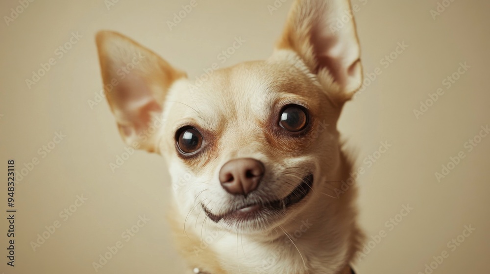 Poster a detailed shot of a dog with a distinctive and adorable expression, such as a tilt of the head or a