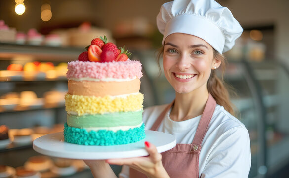 A happy pastry chef girl holds a beautiful cake in her hands