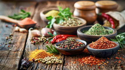 Fototapeta premium Various spices different seasonings and herbs ingredients for preparation food.