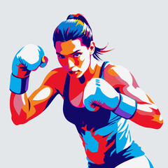 Female Boxer with Determined Expression Striking Dynamic Pose in Vibrant Pop Art Style, Vector Image
