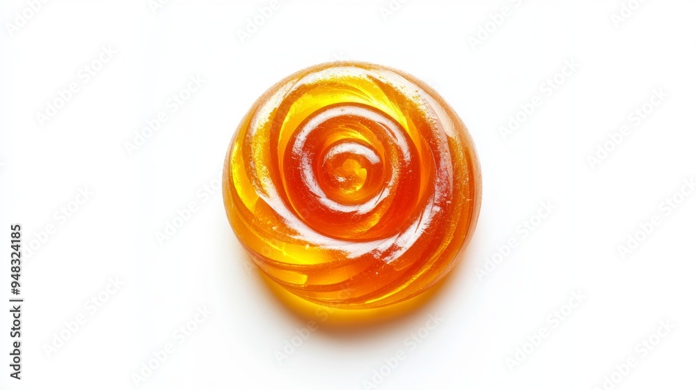 Poster a detailed shot of a single, shiny hard candy with a swirl pattern, placed in the center of a white 