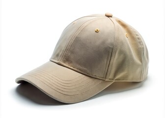 Fototapeta premium A simple, classic beige baseball cap with a curved brim and adjustable strap in the back, presented on a clean white background, isolated from distractions.