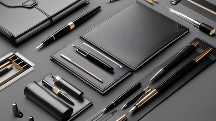 Black Leather Notebook with Pens and Pencils on Gray Background