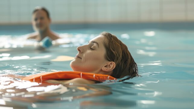 An adult beginner practicing floating and breathing techniques in a shallow pool with a coach