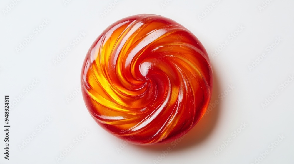 Poster a detailed shot of a single, shiny hard candy with a swirl pattern, placed in the center of a white 