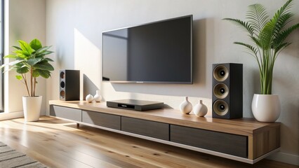 A sleek and modern soundbar sits on a minimalist living room shelf, emitting rich audio from its precisely engineered drivers and tweeters.