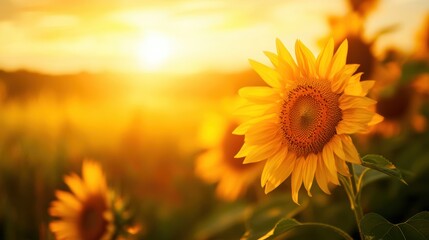 Obraz premium Close-up of sunflowers in a vast field, with the setting sun in the background, creating a warm golden light and a blurred grassy meadow