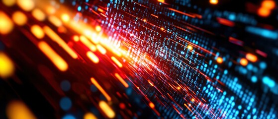 Fototapeta premium Abstract data streams interwoven with secure encryption symbols, visualizing the intricate balance of data security and AI-driven innovation
