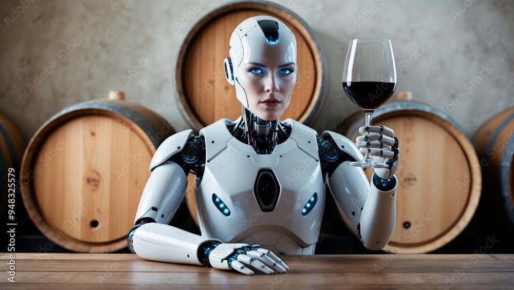 Wall mural a humanoid robot is holding a glass of red wine