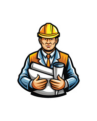 A realistic vector illustration of an engineer wearing a yellow hardhat and holding blueprints.