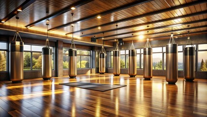 A sleek, modern martial arts studio with mirrored walls, wooden floors, and suspended punching bags, illuminated by soft, warm lighting and ambient shadows.