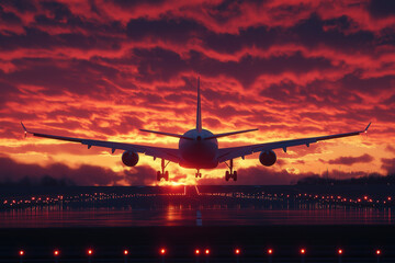 Plane Landing At Sunset
