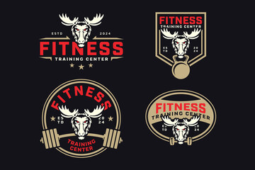 moose or elk with power bar, barbell and kettlebell badge logo design collection for fitness, gym, bodybuilding, weightlifting club